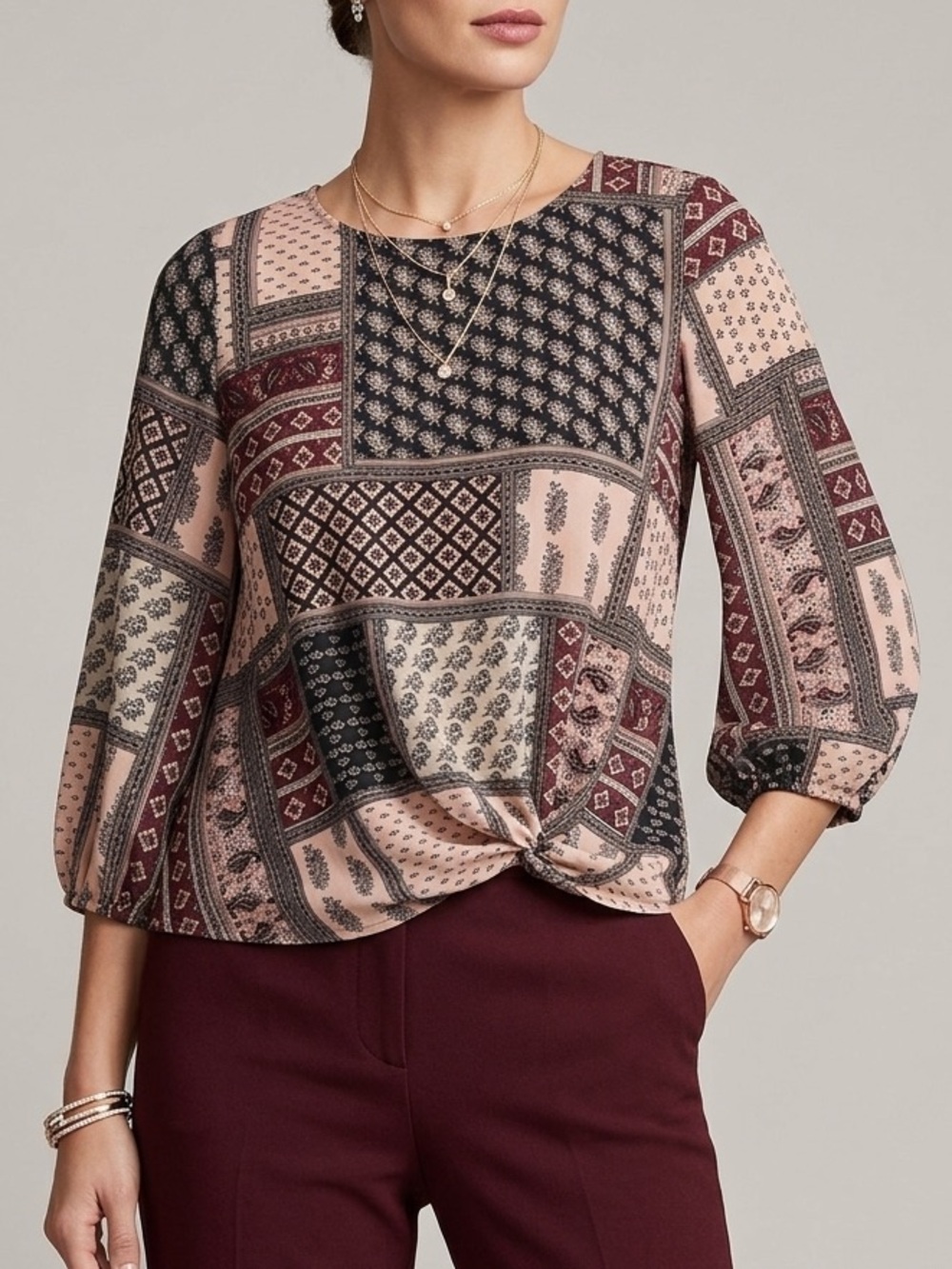 Dressbarn Womens Patchwork Mixed Print Twist Front 3/4 Sleeve Top Pink Black M